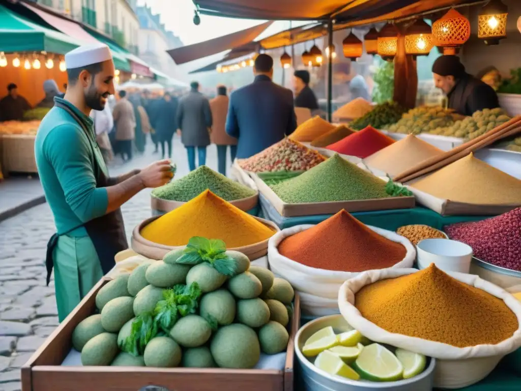 Un mercado parisino rebosante de sabores y colores, donde los platos árabes se fusionan con la gastronomía francesa