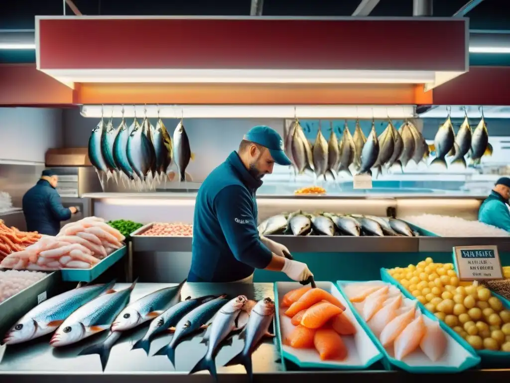 Un mercado de pescado bullicioso en Francia, con vendedores fileteando pescados mientras clientes inspeccionan mariscos en hielo