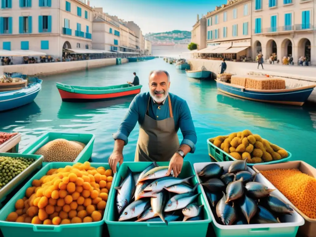 Un mercado de pescado bullicioso en el viejo puerto de Marsella, Francia, reflejando la esencia de la Bouillabaisse y la historia culinaria francesa