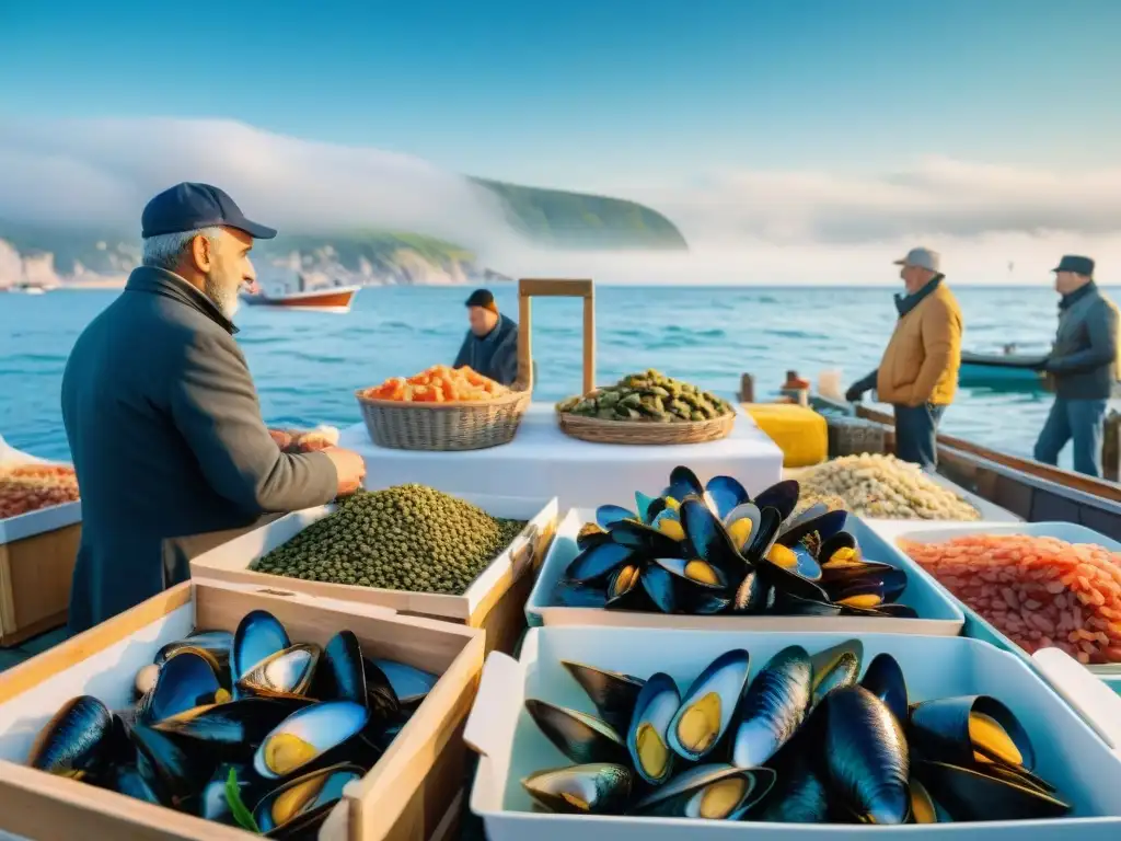 Mercado de pescado francés con pescados frescos en hielo, pescadores y barcos, evocando la cultura marítima