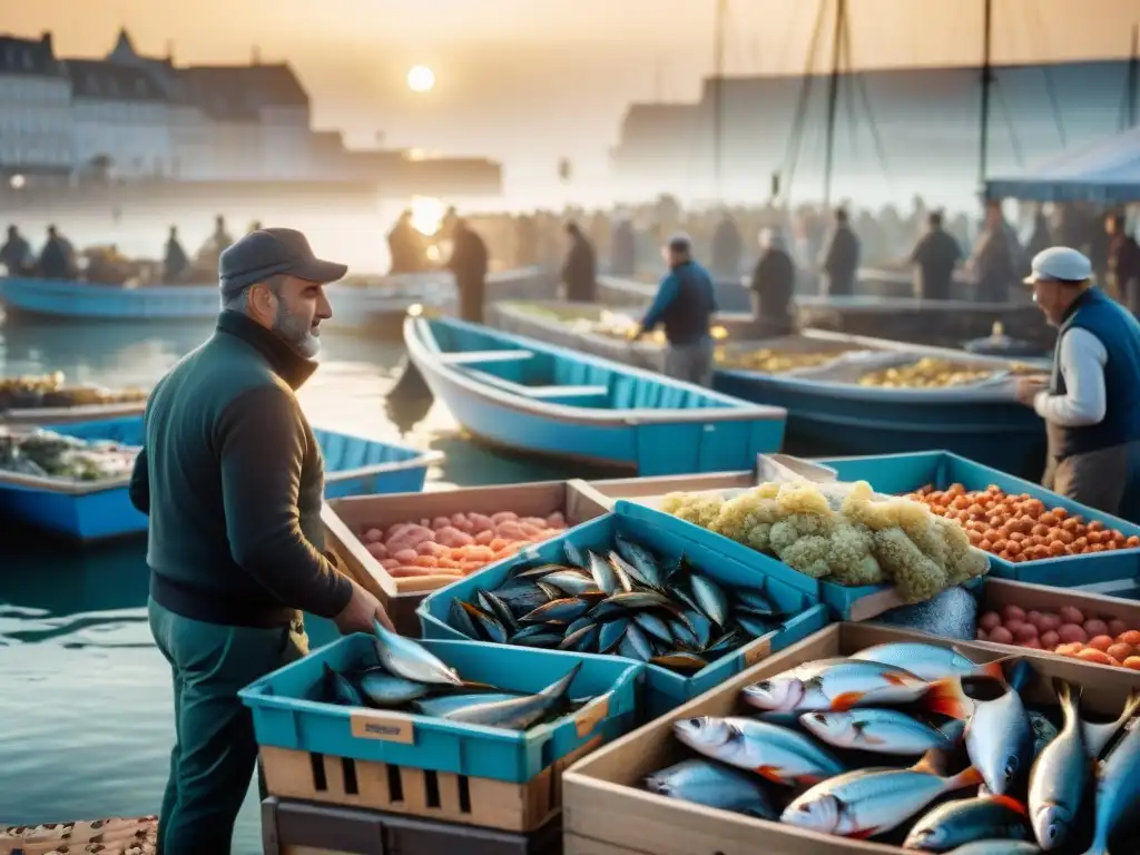 Mercado pesquero francés al amanecer con pescadores descargando pescado fresco