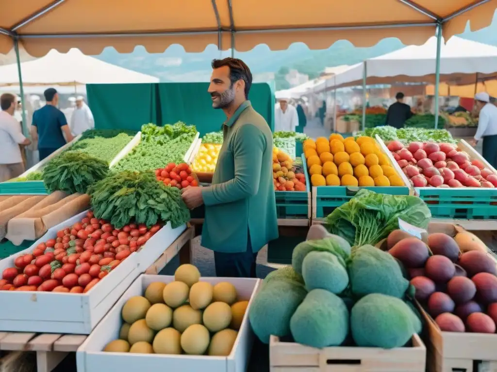 Un mercado de productos frescos en la dieta en Provenza, Francia, con frutas y verduras vibrantes bajo la suave luz matutina