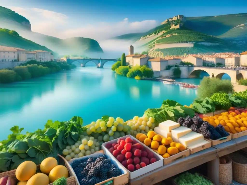 Bancos del Río Rhône: Mercado gastronómico en el sur de Francia Mercado de productos frescos a orillas del Río Rhône en Francia, influencia ríos gastronomía francesa