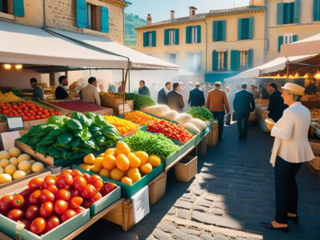 Un mercado en Provenza con influencia italiana: productos frescos, colores vibrantes y arquitectura histórica