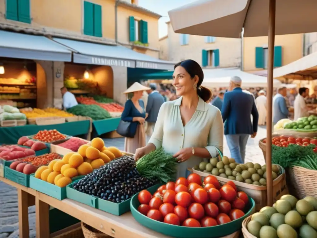 Mercado de Provenza con ingredientes frescos en vibrantes puestos de frutas y verduras, vendedores locales y colorida atmósfera