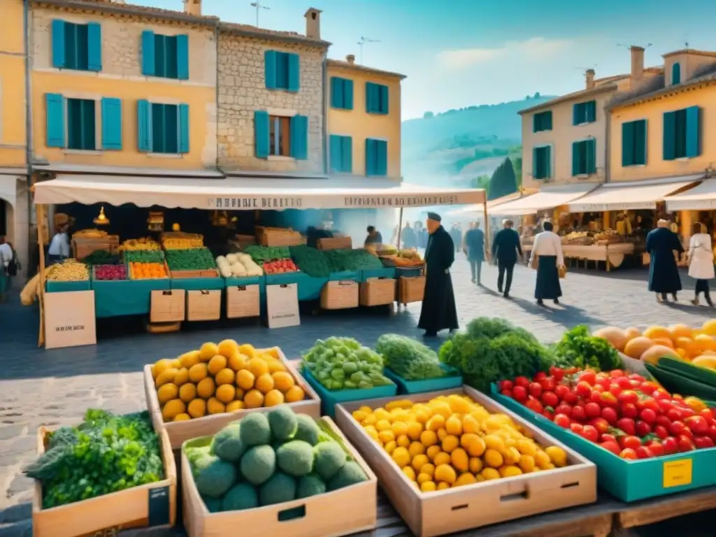 Mercado de Provenza con ingredientes frescos bajo el sol mediterráneo, coloridas frutas y verduras, locales y turistas