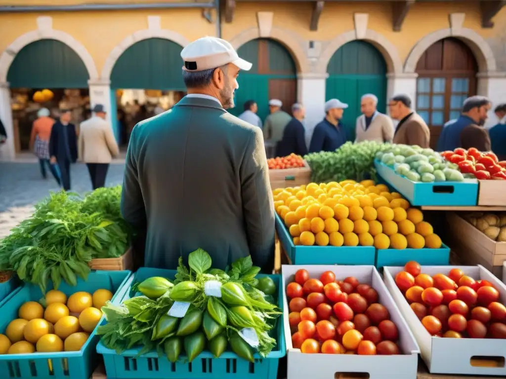 Un mercado en Provenza rebosante de vida y color, con vendedores locales ofreciendo productos frescos