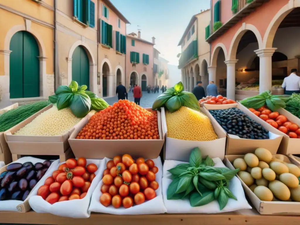 Un mercado Provenzal bullicioso con ingredientes italianos frescos como tomates, albahaca y aceitunas, junto a arquitectura tradicional