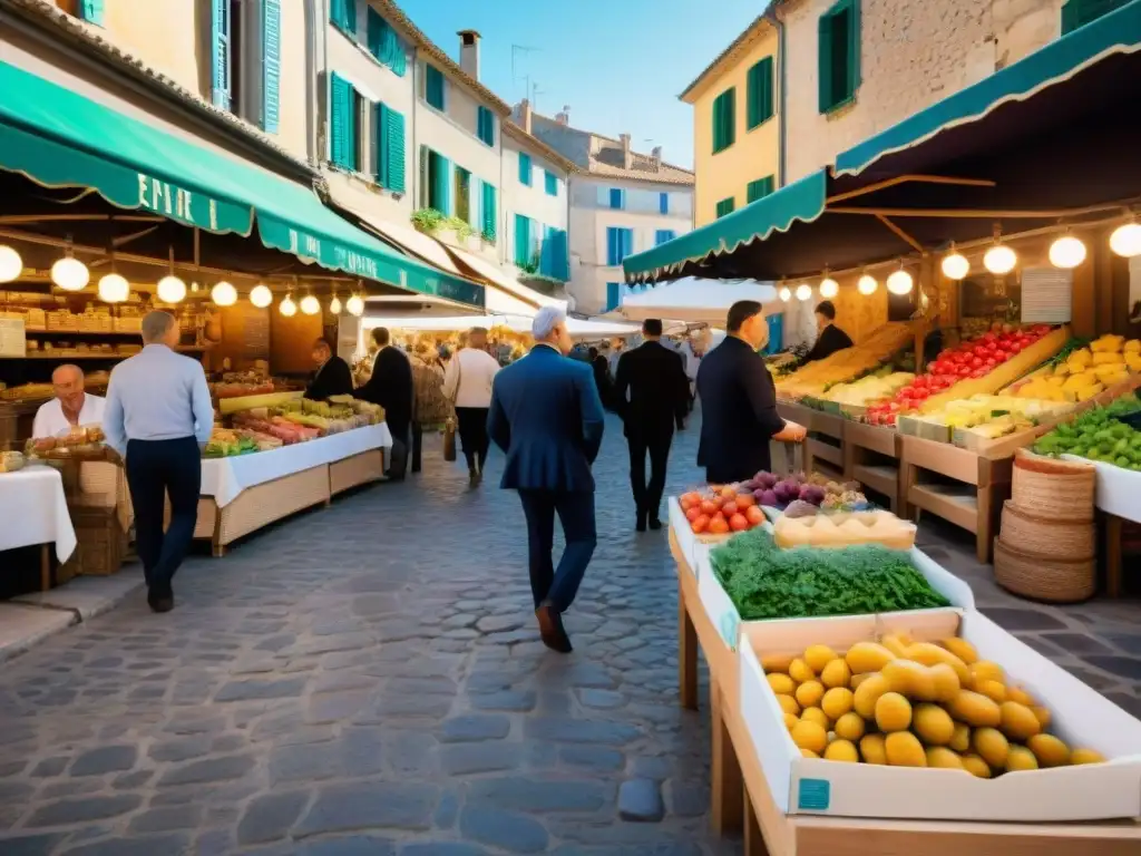 Mercado Provenzal bullicioso con puestos de frutas frescas, quesos y pan artesanal