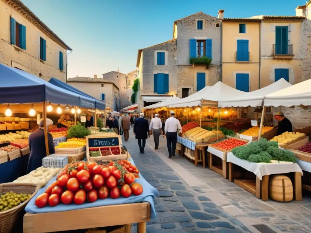 Un mercado provenzal con coloridas frutas y verduras, hierbas frescas y aceitunas, todo bajo un cielo azul