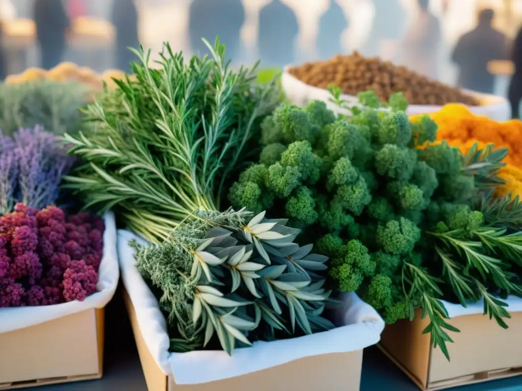 Escena vibrante de mercado provenzal: hierbas aromáticas bajo el sol mediterráneo Un mercado provenzal con hierbas aromáticas en cestas rústicas bajo el sol mediterráneo