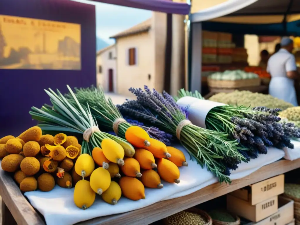 Mercado provenzal con hierbas aromáticas y flores comestibles, perfumes en gastronomía francesa