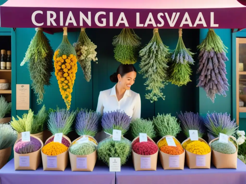 Un mercado provenzal con perfumes en gastronomía francesa: hierbas frescas y flores secas en un puesto colorido