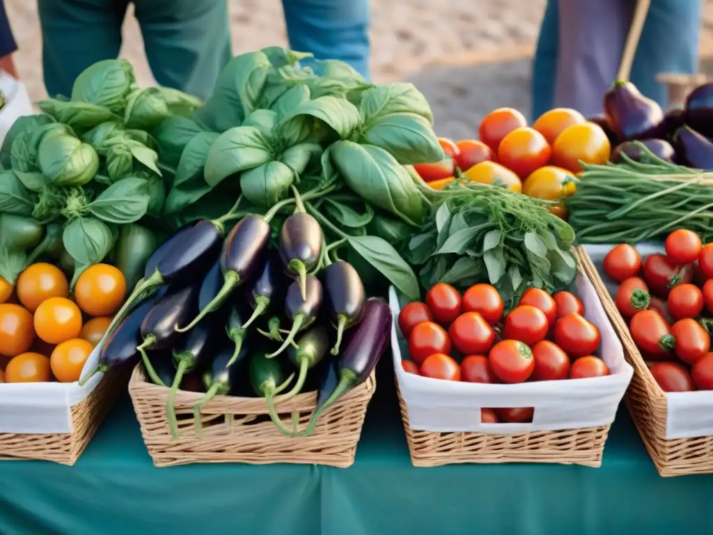 Un mercado provenzal rebosante de colores y vida, con verduras frescas y gente animada