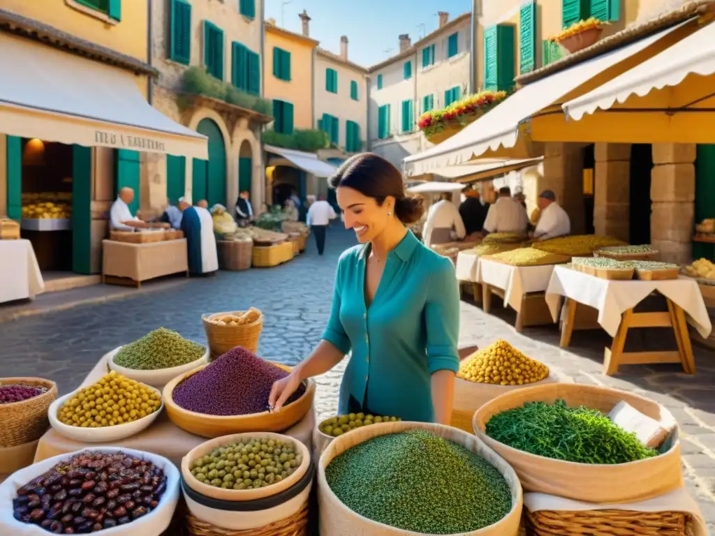 Un mercado provenzal tradicional lleno de vida con ingredientes clave para la tapenade