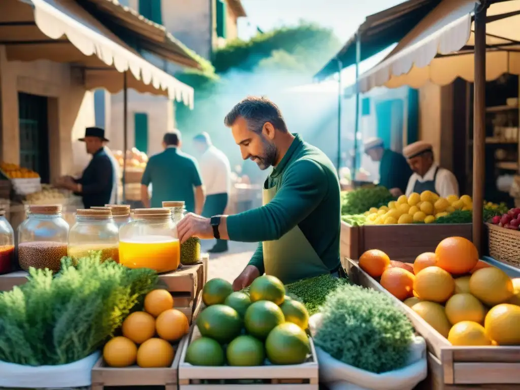 Un mercado provenzal tradicional rebosante de vida, con colores vibrantes y el preparado artesanal de un refrescante Pastis