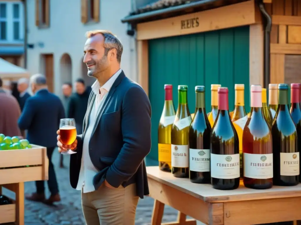 Mercado de pueblo francés con bebidas fermentadas tradicionales Francia y ambiente animado al atardecer