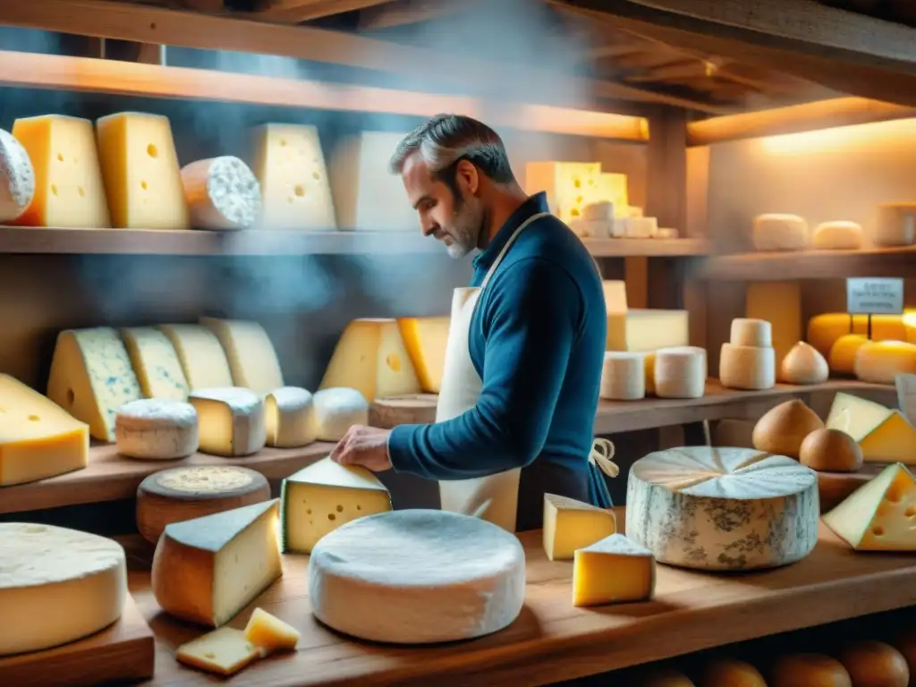 Mercado de quesos francés: escena detallada con vendedores y clientes en la mañana, influencia quesos franceses cocina mundial