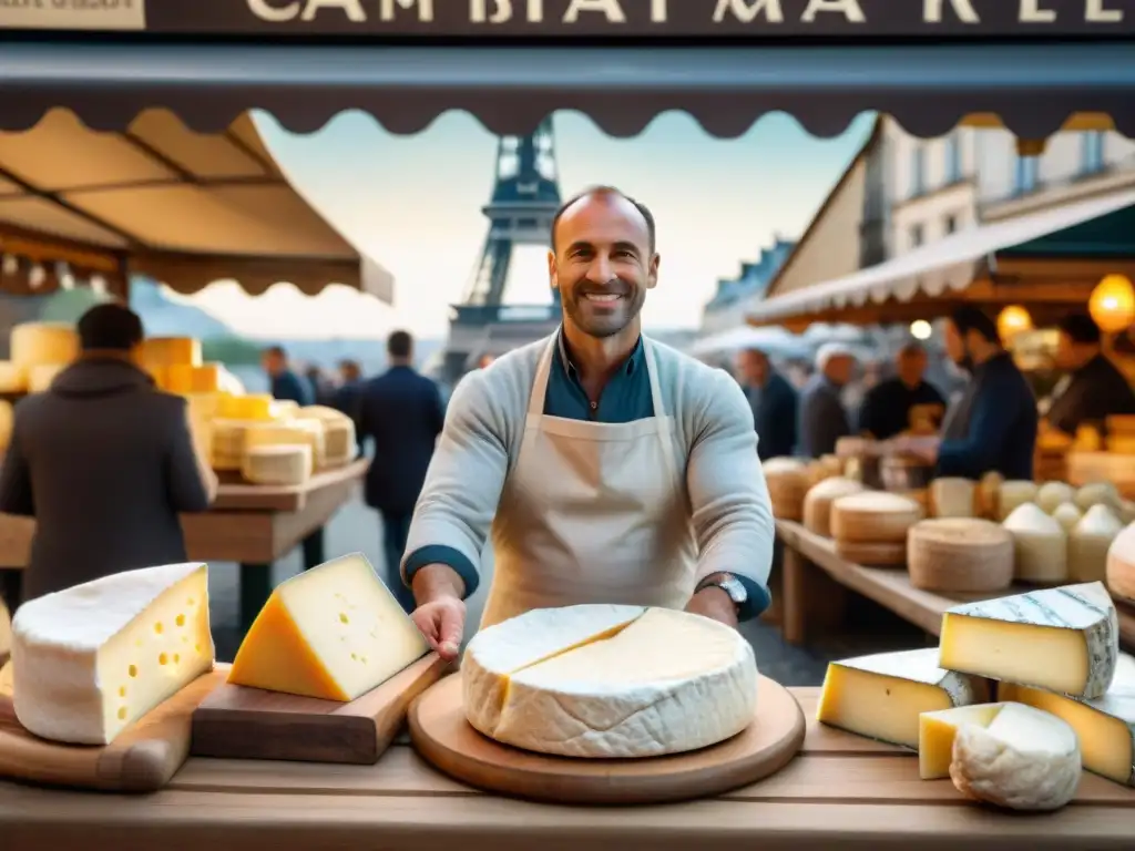 Un mercado de quesos en Francia con la Torre Eiffel al fondo