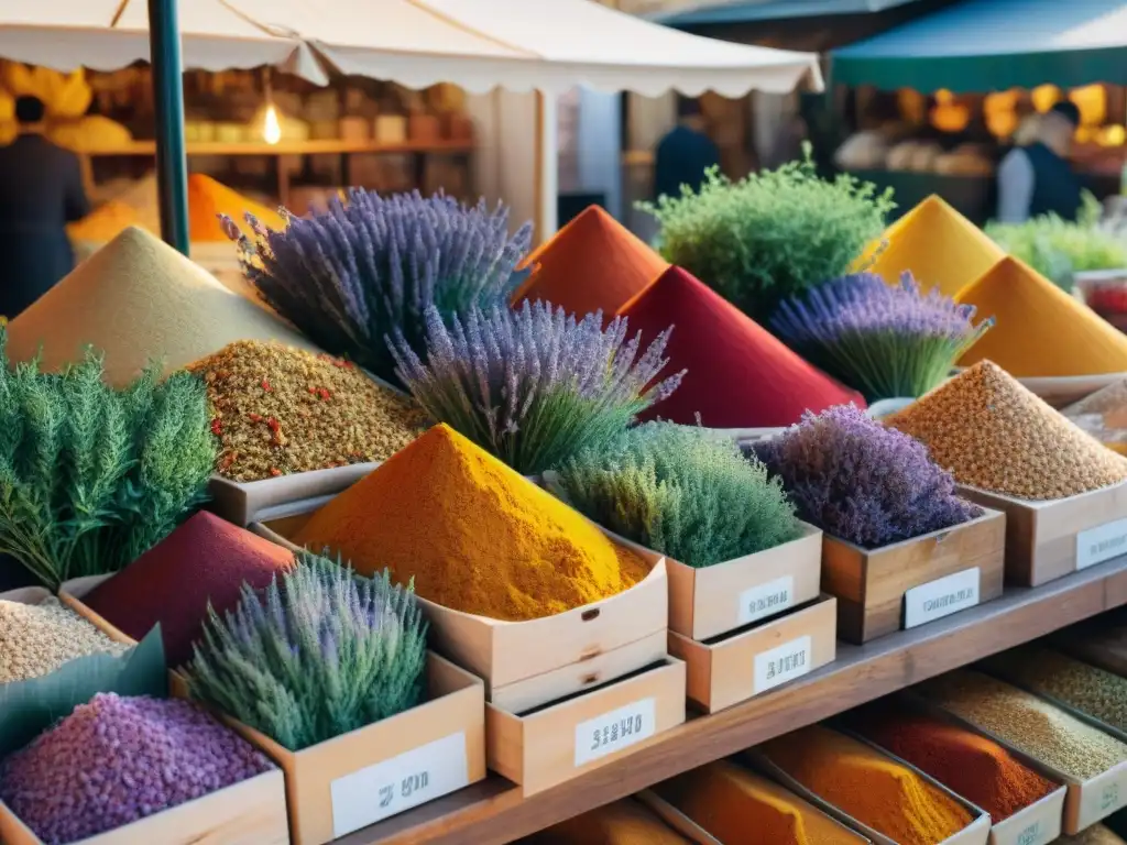 Un mercado en Francia rebosante de colores y aromas, con especias y hierbas frescas