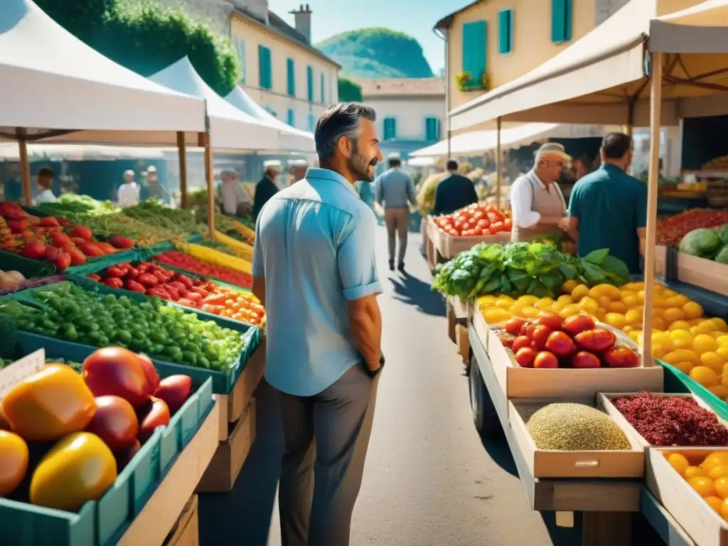 Mercado agrícola en el sur de Francia con productores locales y coloridas verduras frescas