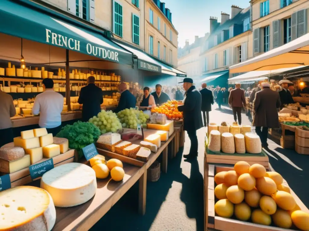 Un mercado tradicional francés en Burdeos, bullicioso y colorido, donde la gastronomía francesa y los vinos cautivan a locales y turistas