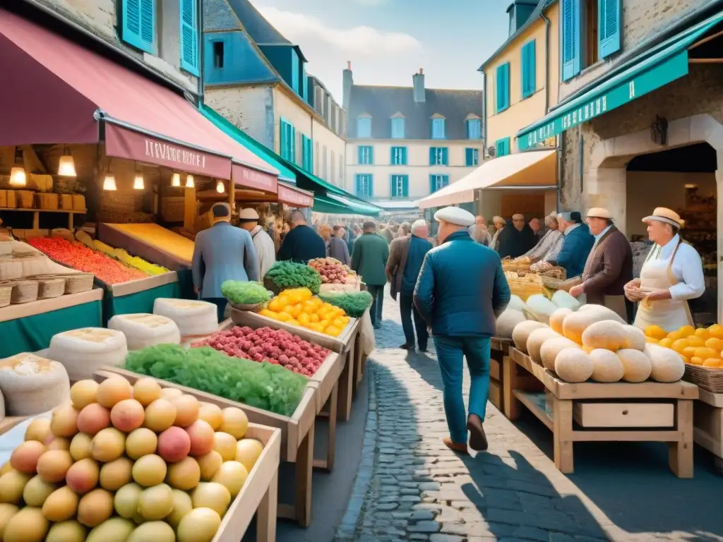 Un mercado tradicional bullicioso en Normandía, Francia, rebosante de coloridas frutas, quesos artesanales, pan recién horneado y mariscos locales