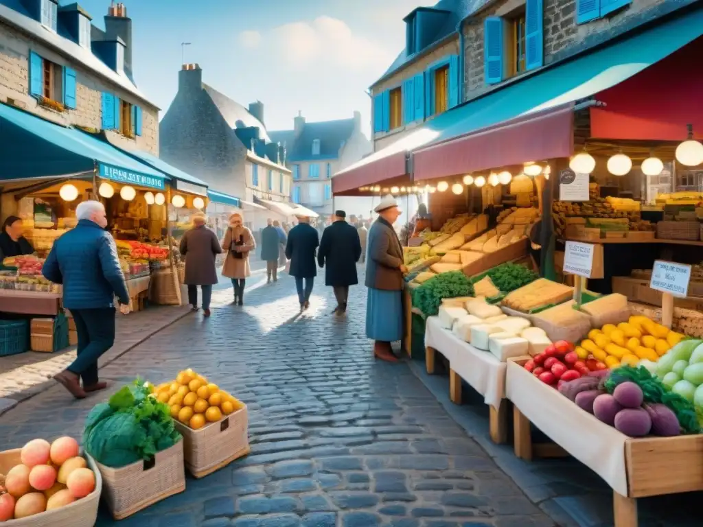 Un mercado tradicional bullicioso en Bretaña, con puestos de productos frescos y locales, turistas y locales explorando la escena animada