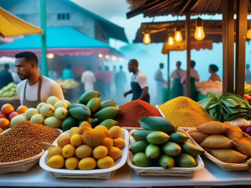 Un mercado tradicional guadalupeño rebosante de colores vibrantes y puestos de comida variada, con platos icónicos como accras de morue, bokit y colombo de poulet