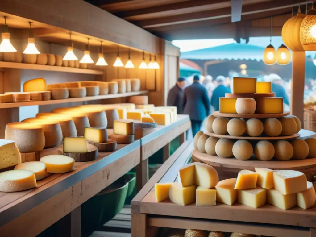 Un mercado tradicional francés en la región de Jura, con ruedas de Queso Comté en mesas de madera