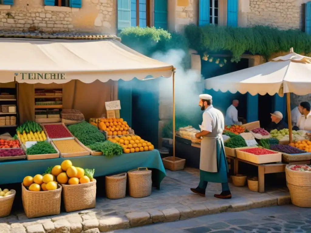 Un mercado tradicional de Provenza rebosante de vida, colores y sabores frescos