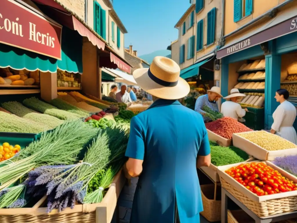 Un mercado tradicional provenzal en Francia con puestos rebosantes de hierbas frescas como romero y lavanda