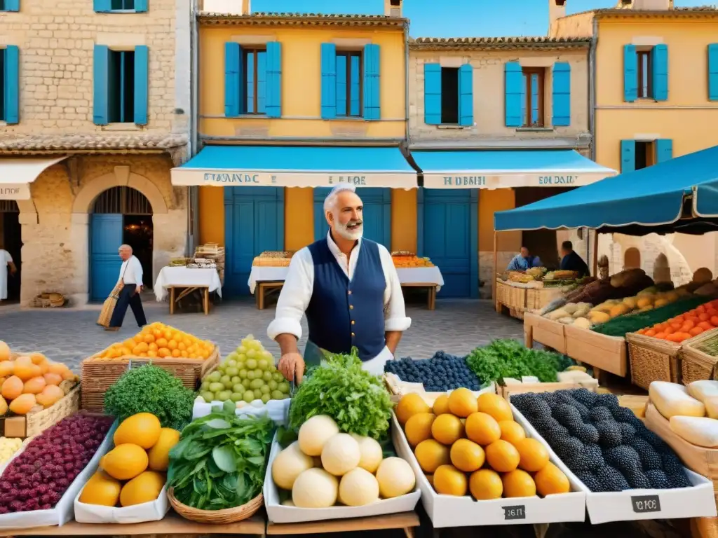 Un mercado tradicional provenzal rebosante de colores y sabores mediterráneos, que invita a sumergirse en la gastronomía francesa