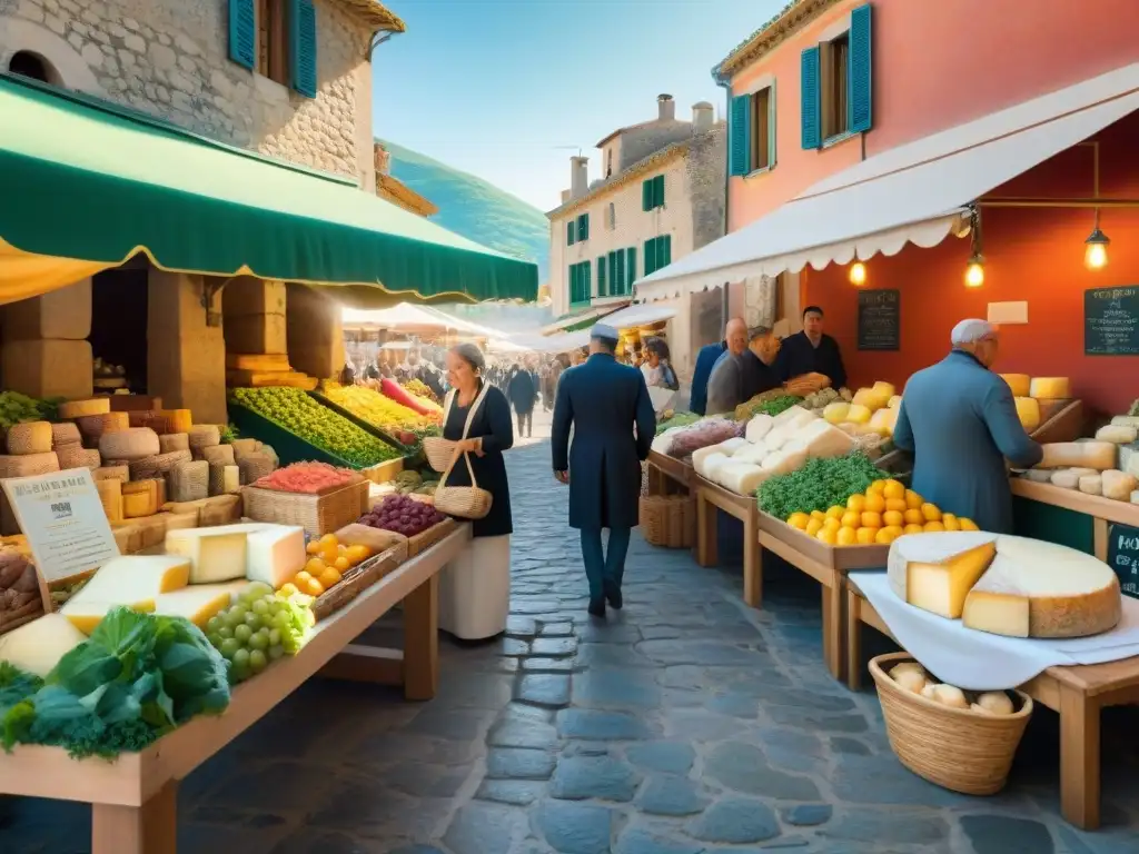 Mercado tradicional en Córcega: sabores y colores mediterráneos Un mercado tradicional corsé, rebosante de sabores únicos gastronomía corsica en un ambiente vibrante y colorido