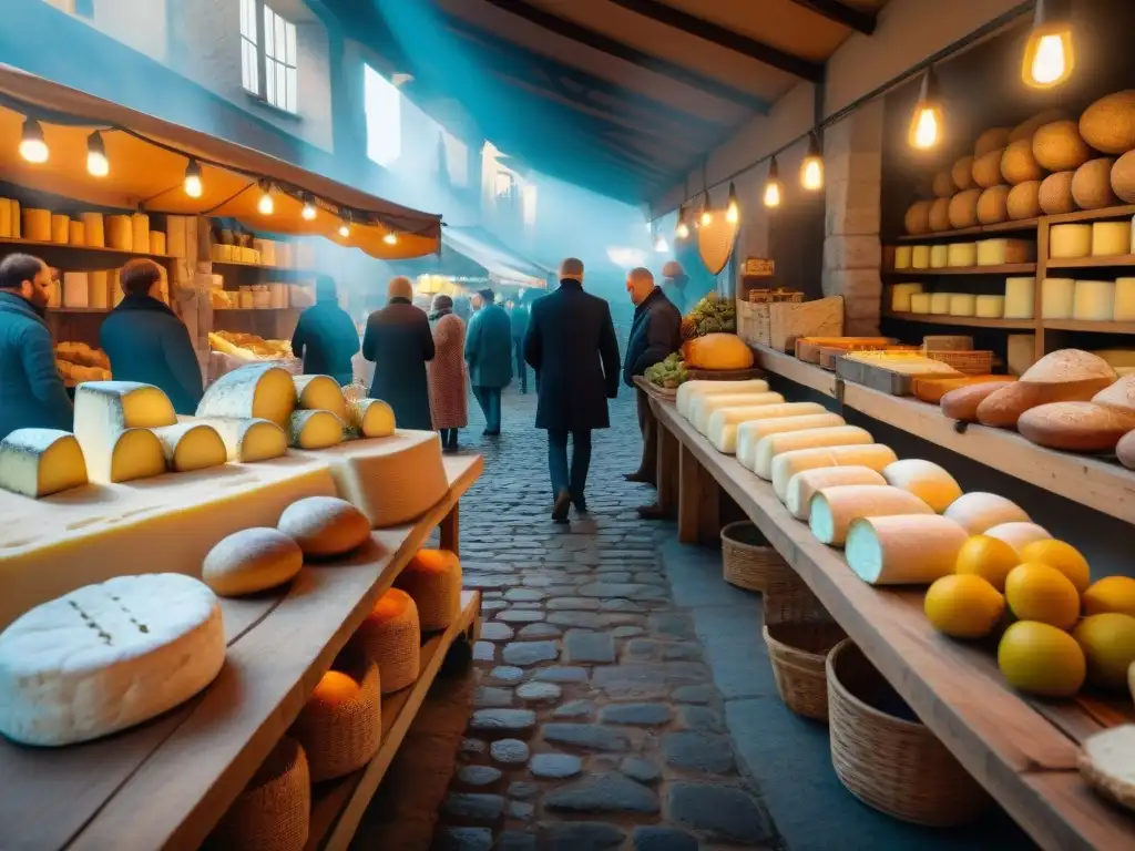 Un mercado tradicional francés en Bretaña rebosante de vida y color, con una selección de quesos, panes, frutas y vinos locales