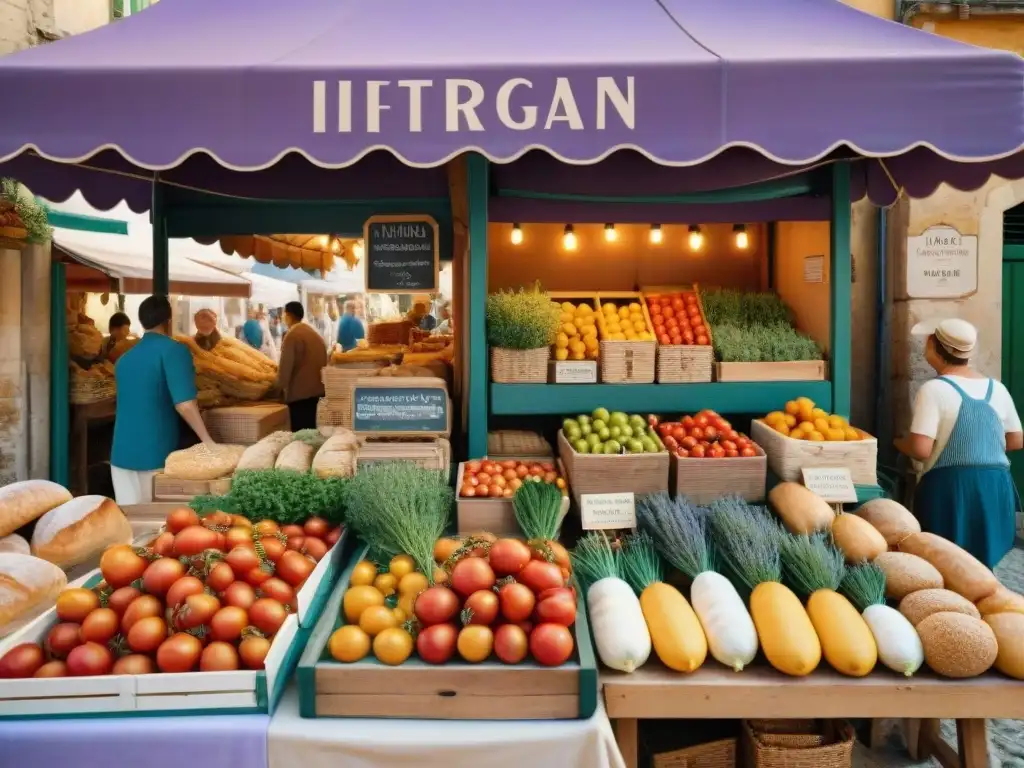 Un mercado tradicional francés en Provence rebosante de vida y colores, donde la gastronomía francesa tradicional innovadora cobra vida