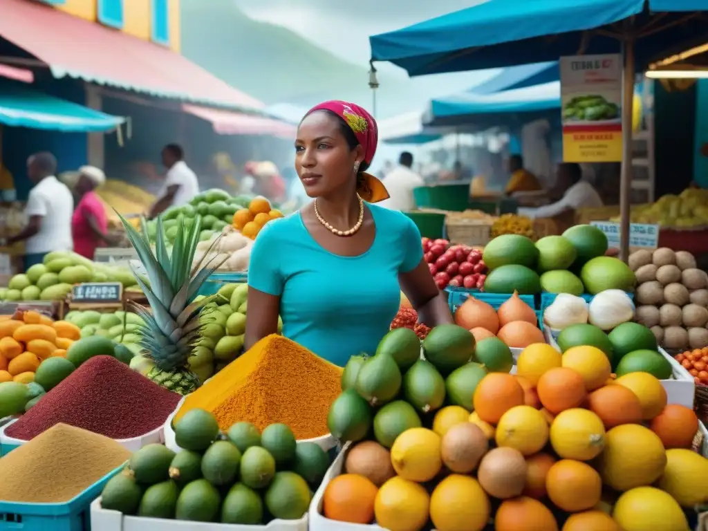 Un mercado tradicional de Guadalupe rebosante de vida y colores, donde se venden frutas tropicales, especias y mariscos frescos