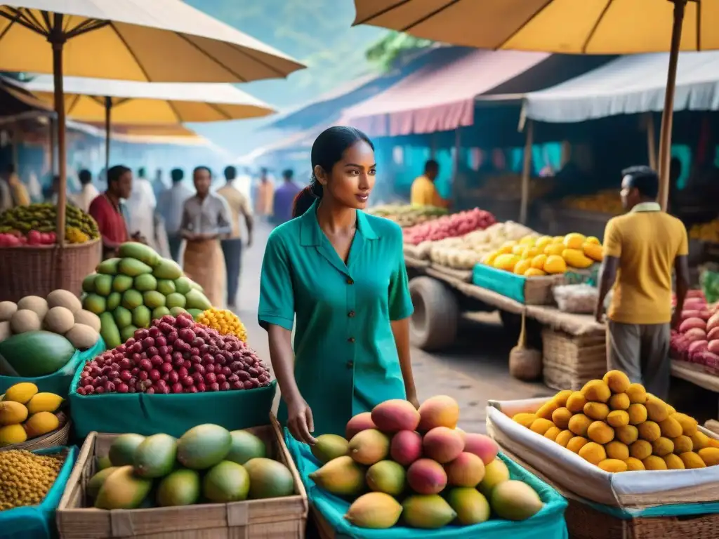 Un mercado tradicional de Reunión rebosante de colores y sabores tropicales, donde los locales negocian bajo el sol dorado