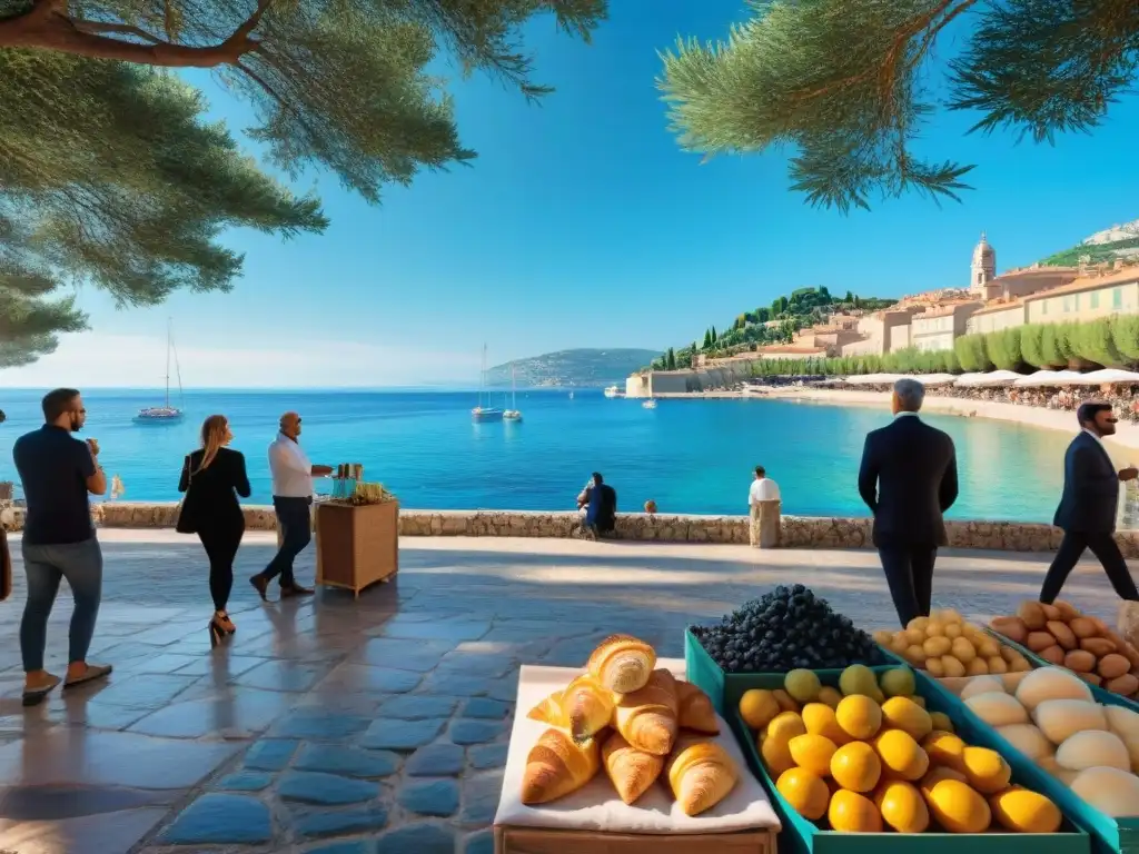 Un mercado tradicional en la Riviera Francesa rebosante de vida y color con gastronomía francesa tradicional y moderna