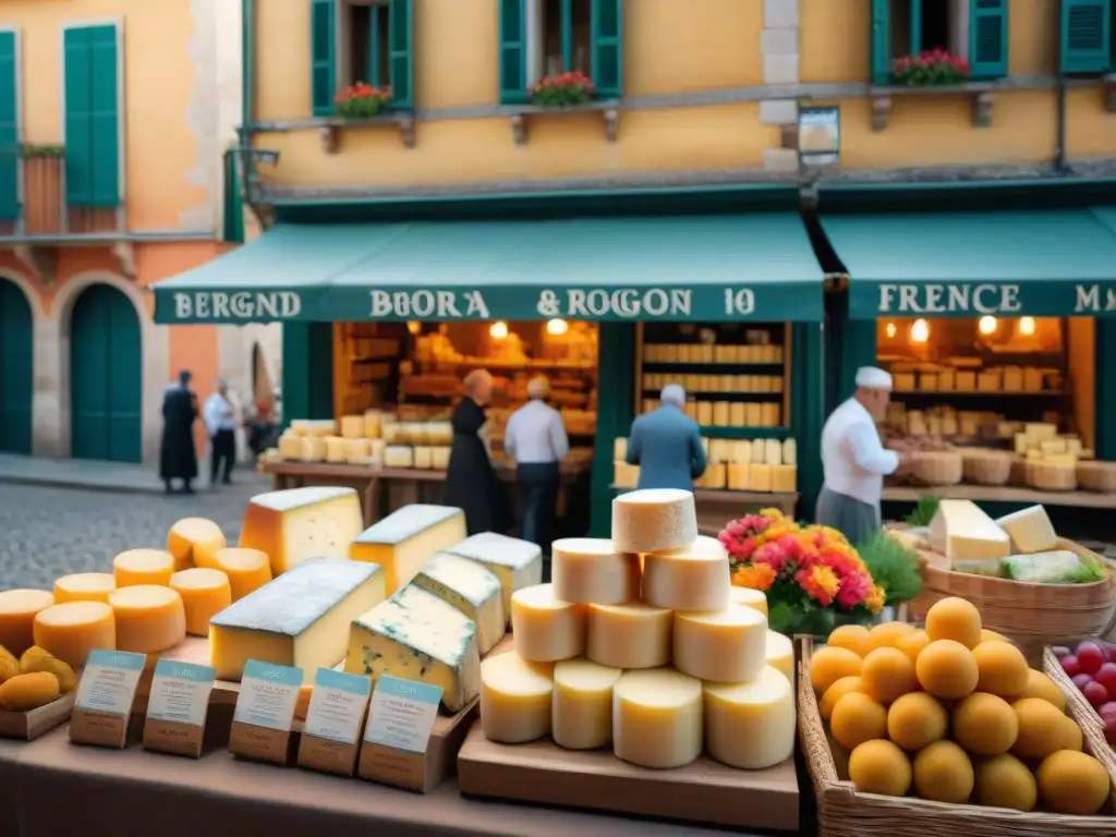 Un mercado tradicional en Borgoña, Ródano-Alpes, con coloridos puestos de quesos emblemáticos