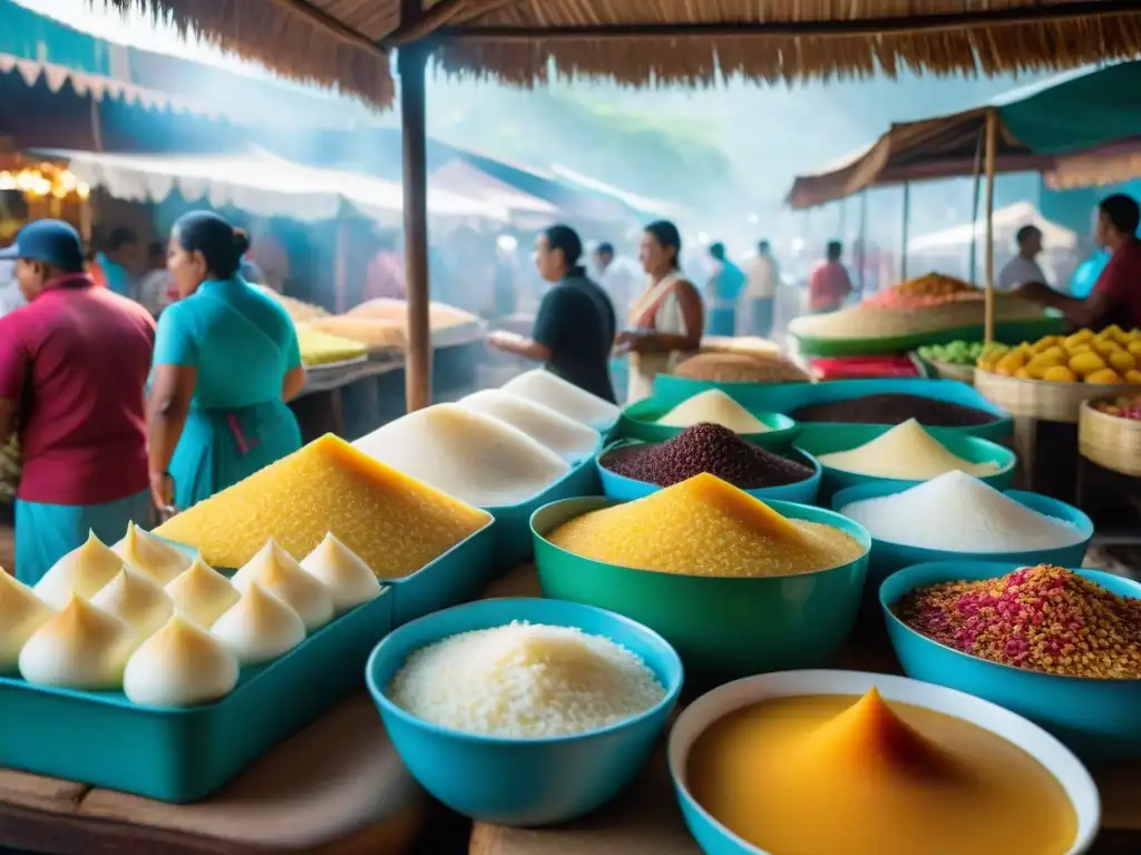 Mercado tropical bullicioso de Guadalupe con postres tradicionales como arroz con leche, flan y tres leches