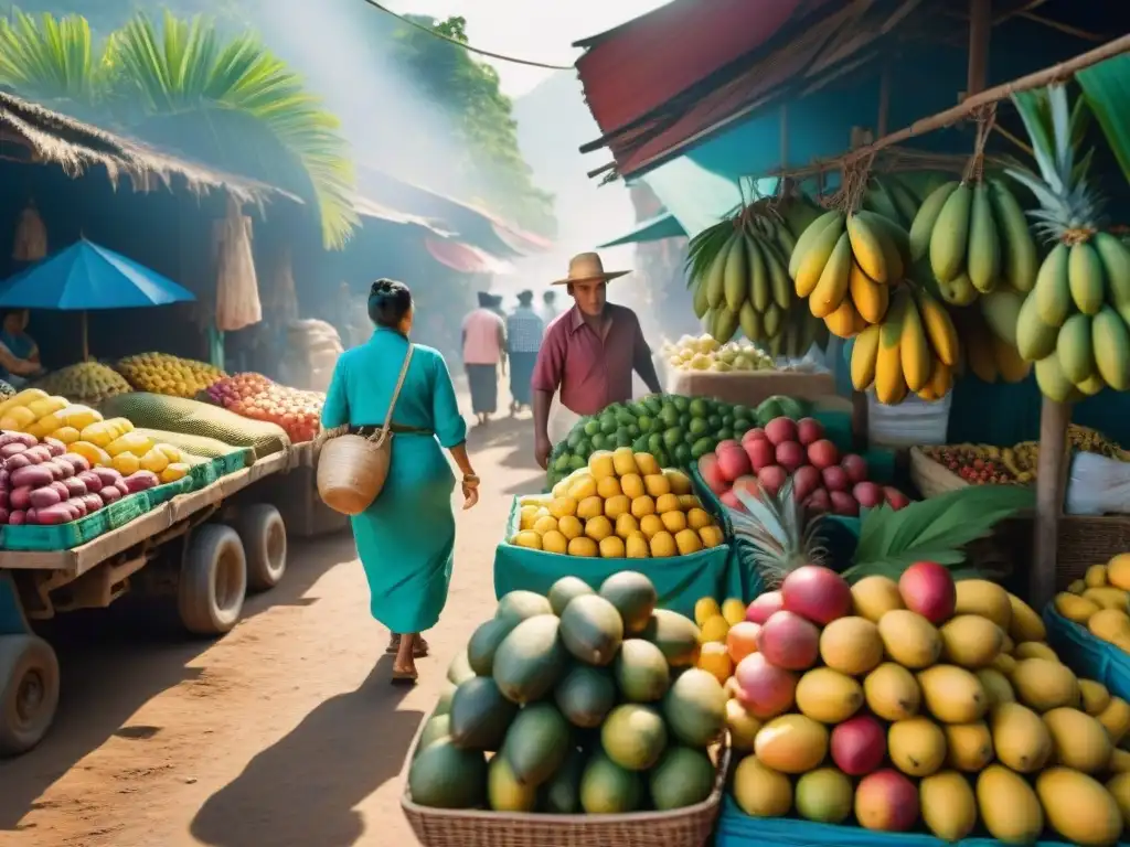 Un mercado tropical en Guadalupe lleno de frutas exóticas y colores vibrantes, con locales vendiendo postres tradicionales