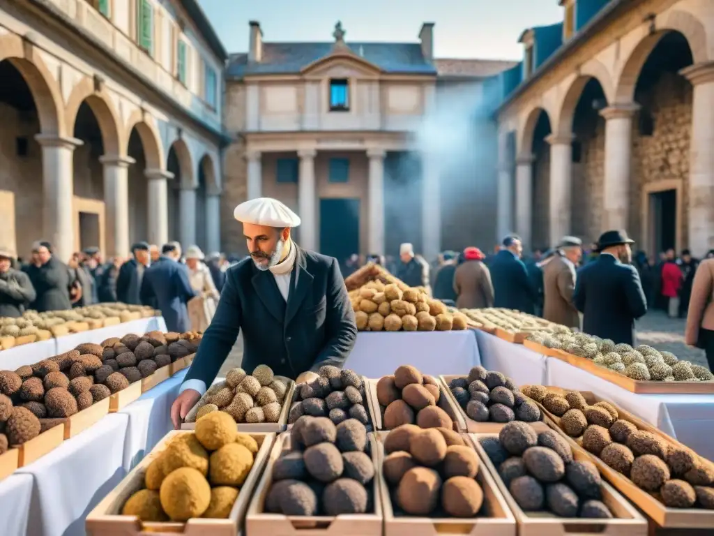 Vivid mercado de trufas en Francia, trufas blancas y negras en puestos de madera