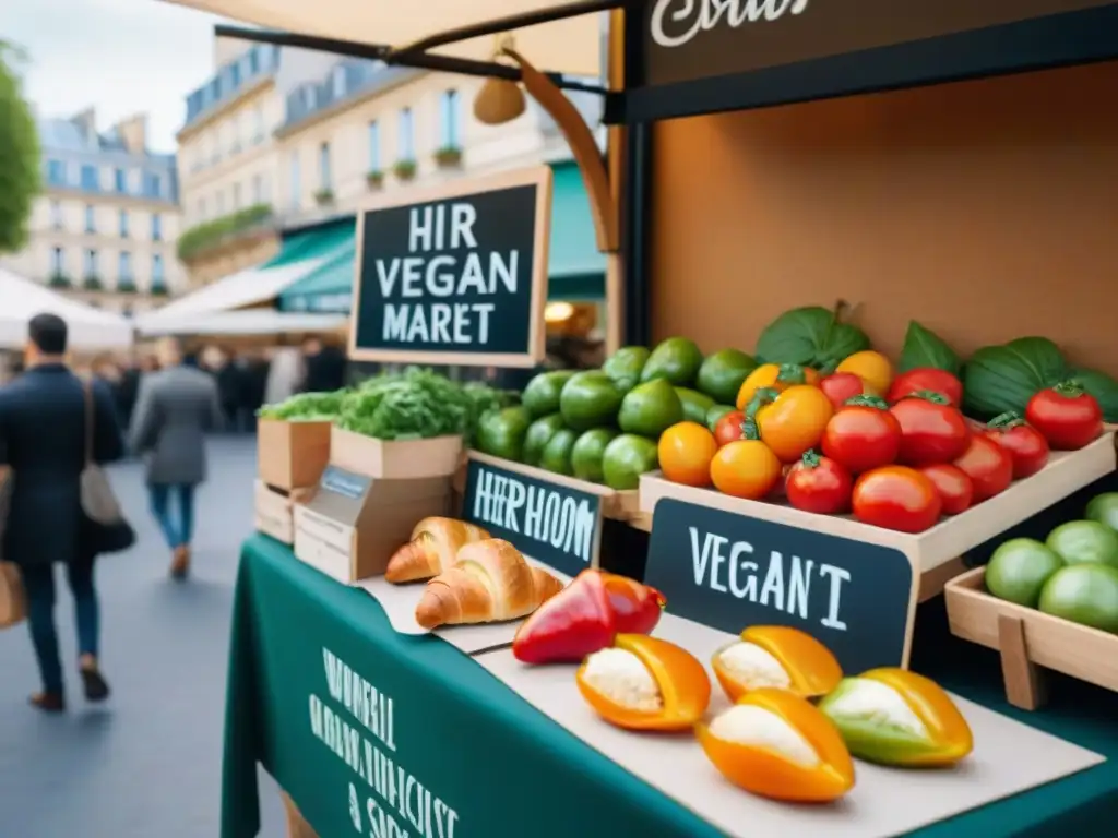 Un mercado vegano en París con productos frescos y coloridos, puestos decorados con letreros en francés