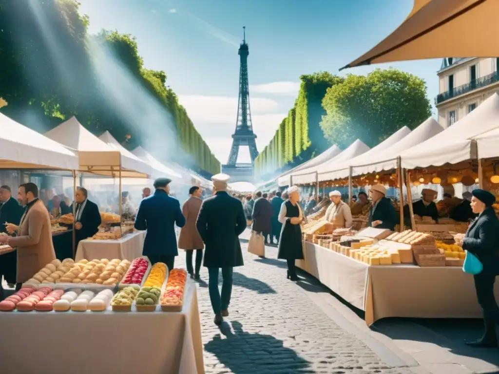 Mercado francés vibrante con baguettes frescas, macarons coloridos y quesos artesanales bajo la Torre Eiffel