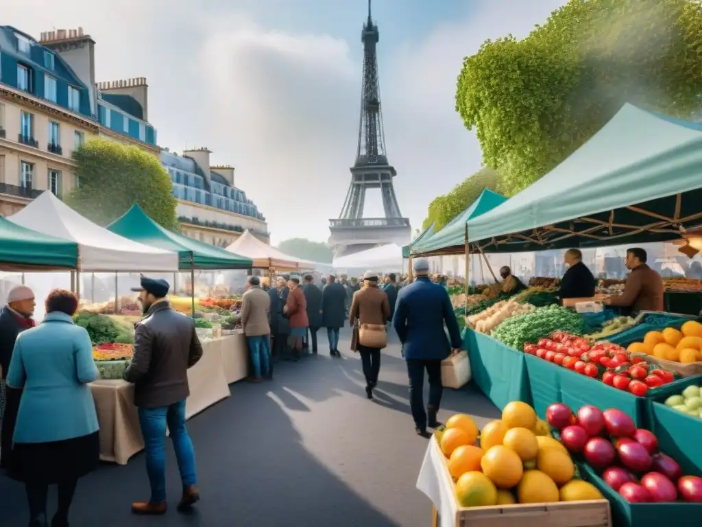 Un mercado vibrante y bullicioso en París, con puestos coloridos de frutas y verduras orgánicas