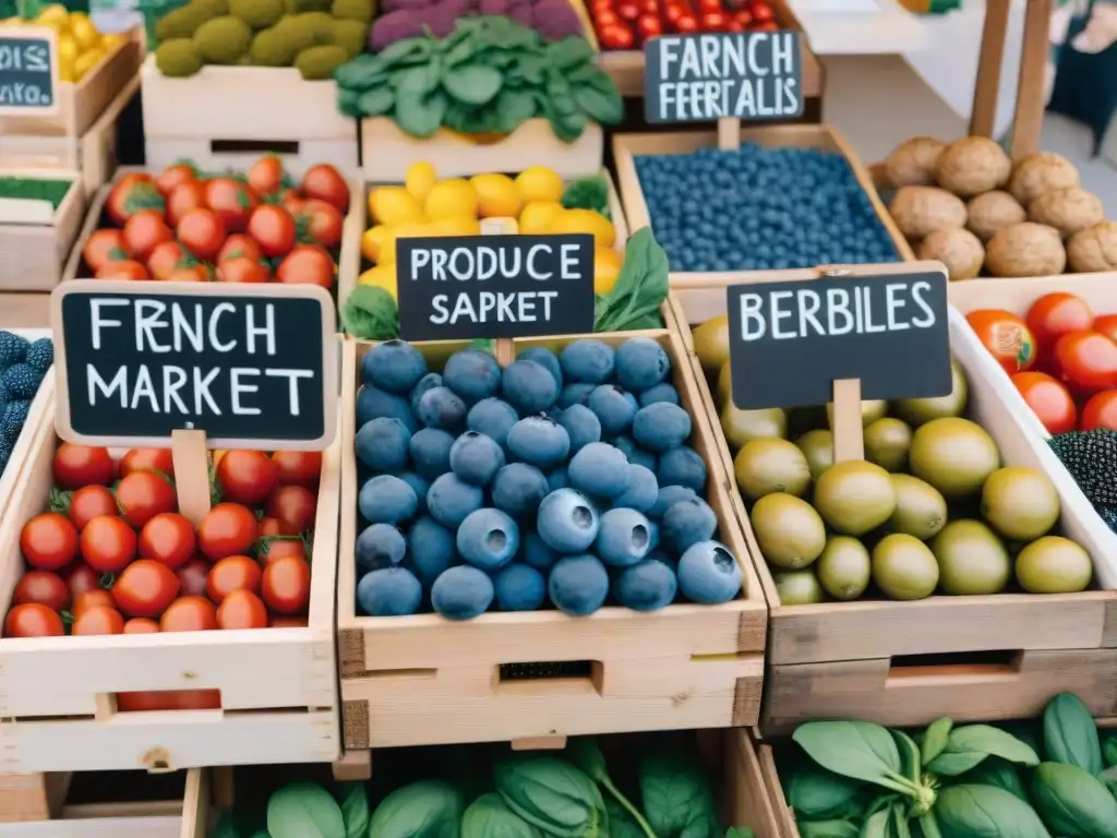 Un mercado vibrante en Francia con superfoods coloridos como arándanos, alcachofas y tomates