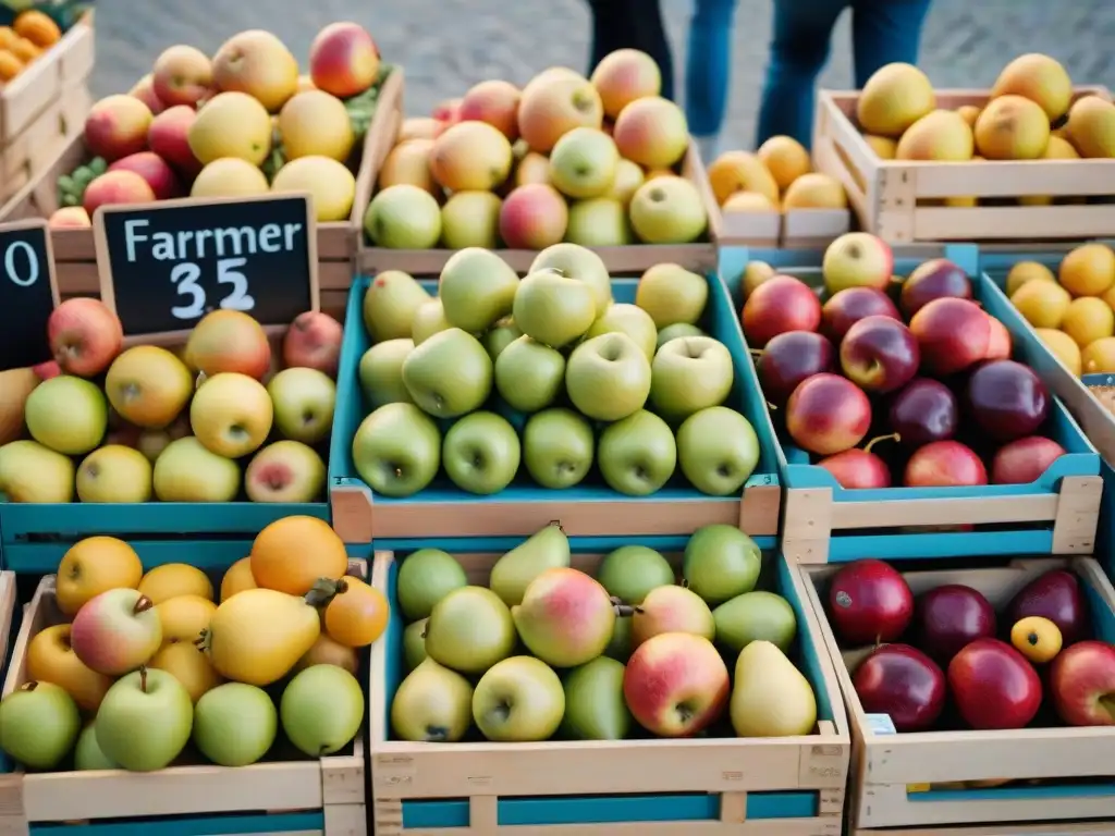 Un mercado agrícola vibrante en Francia con frutas icónicas de la gastronomía francesa en cajas de madera, rodeado de vendedores y paisajes campestres