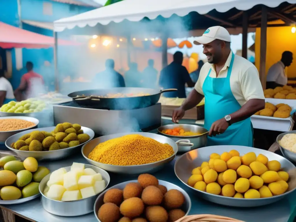 Un mercado vibrante en Guadalupe con frutas tropicales y platos criollos