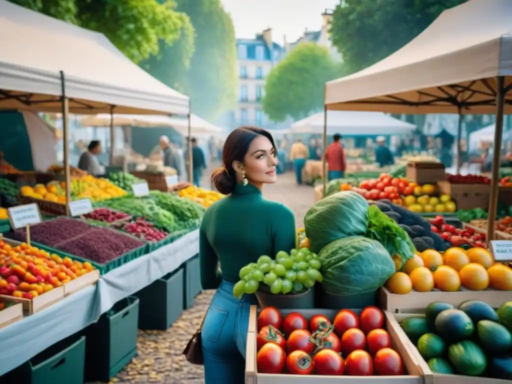 Mercado vibrante en París con frutas y verduras frescas, mostrando la esencia de la dieta francesa vegana